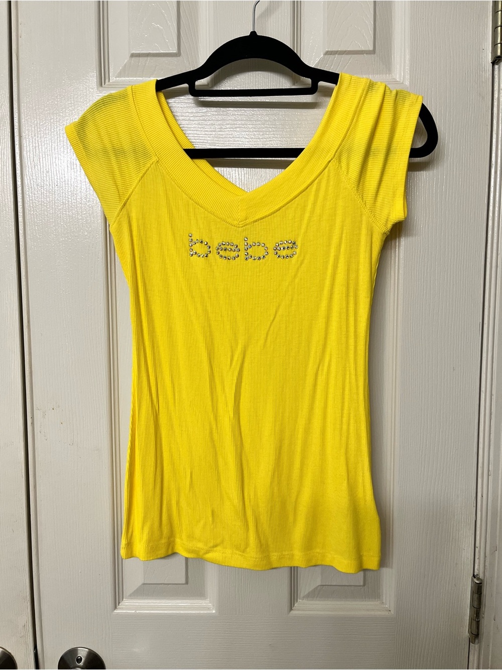 bebe Bright Yellow V-Neck Short Sleeve Logo Tee